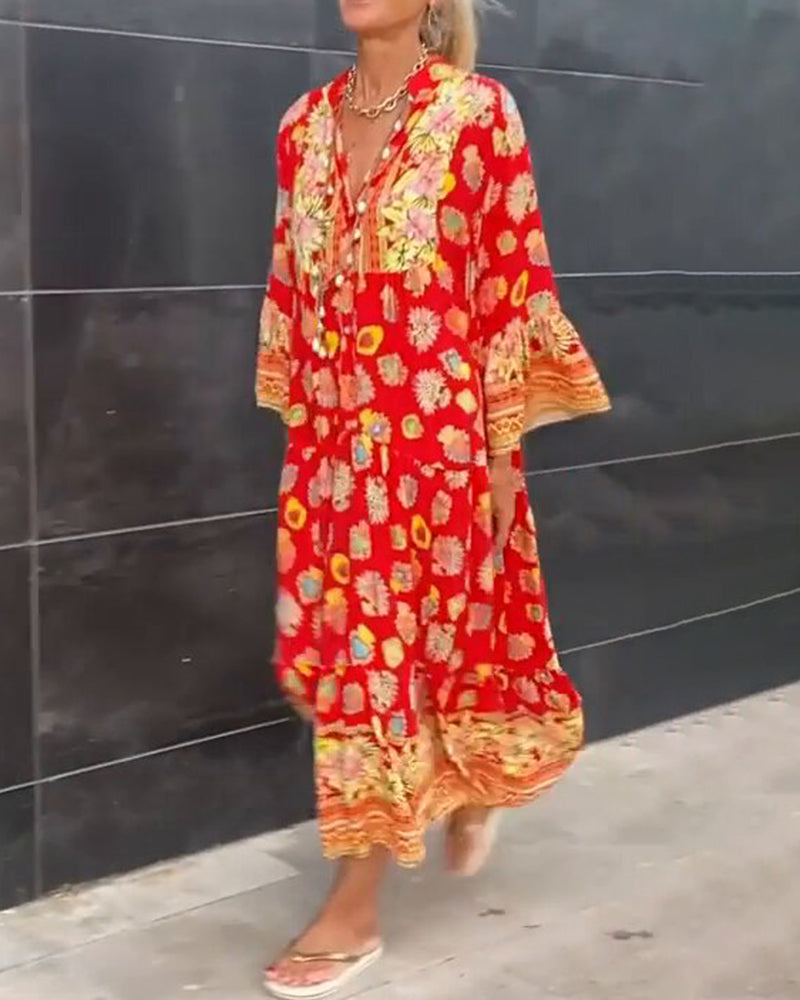 Robe ample col V imprimé fleuri
