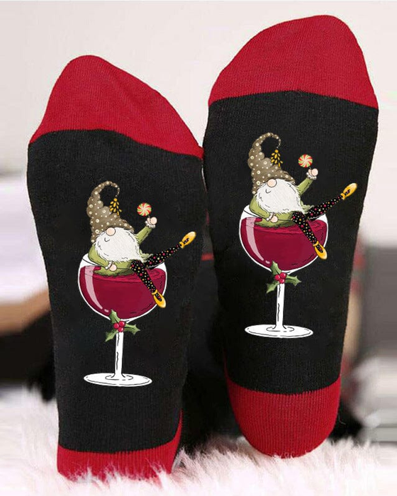 🧦Chaussettes de Noël unisexes avec des lutins et des verres à vin🧦