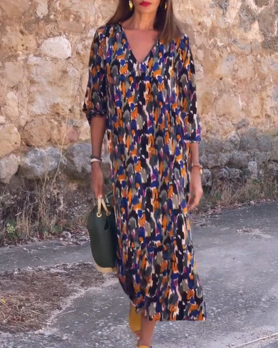 Robe à col en V imprimée rétro