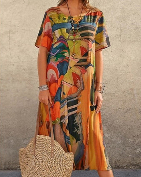 Robe droite à col rond et imprimé géométrique