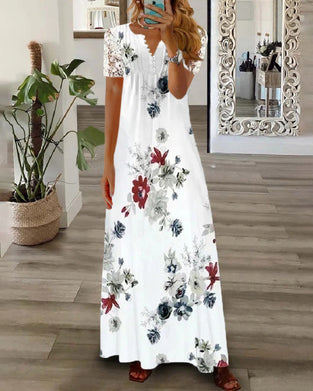Robe longue à imprimé floral avec manches courtes en dentelle