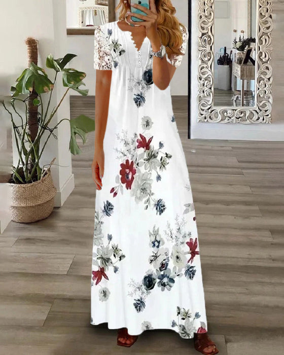 Robe longue à imprimé floral avec manches courtes en dentelle