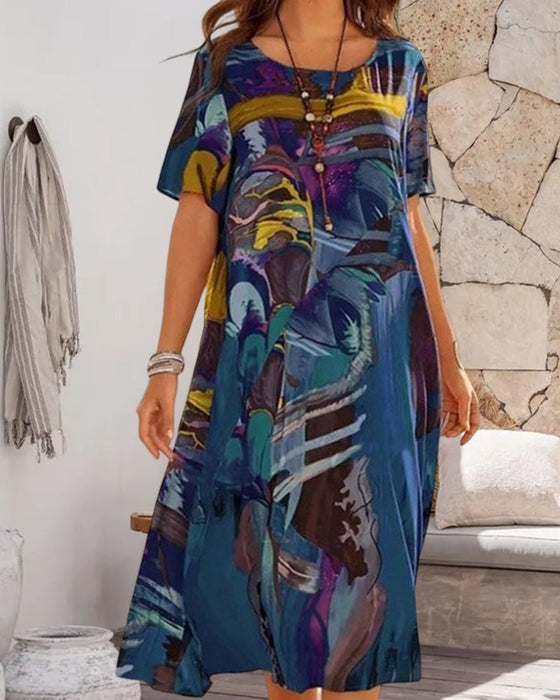 Robe droite à col rond et imprimé géométrique