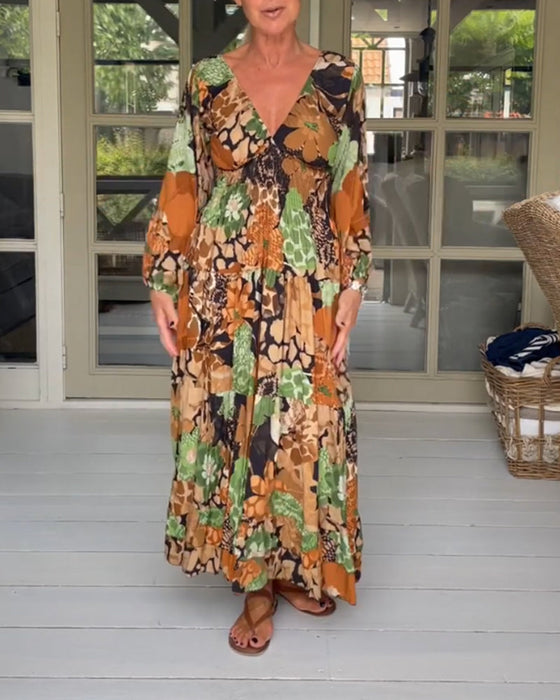 Robe imprimée manches longues col V