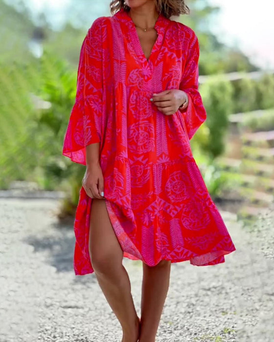 Robe à manches 3/4 à imprimé géométrique Boho