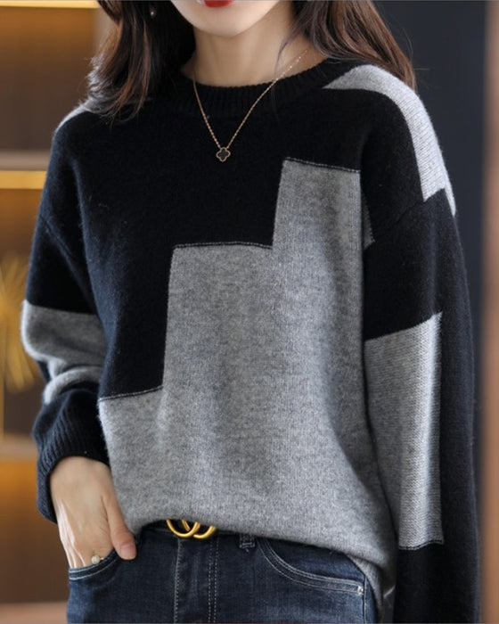 Pull à manches longues de couleur contrastée décontractée