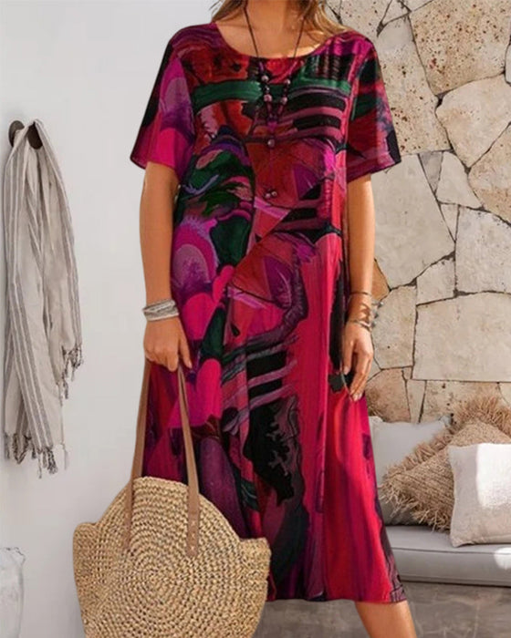 Robe droite à col rond et imprimé géométrique