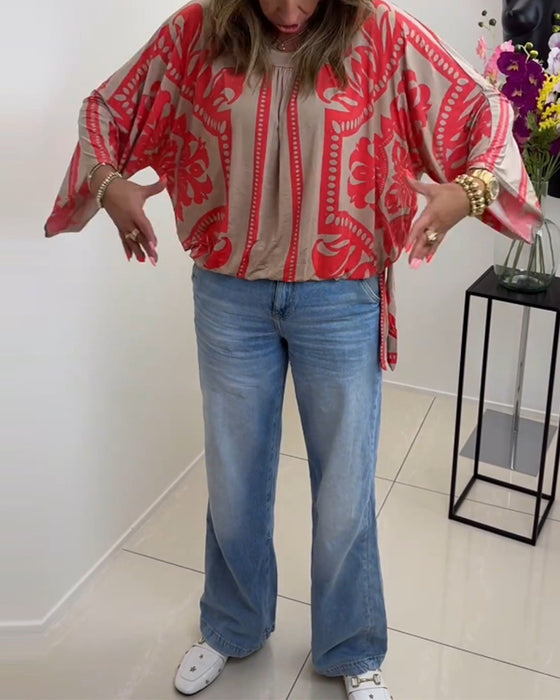 Haut décontracté imprimé à manches longues et col rond