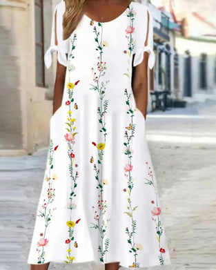 Robe mi-longue à col rond et imprimé floral