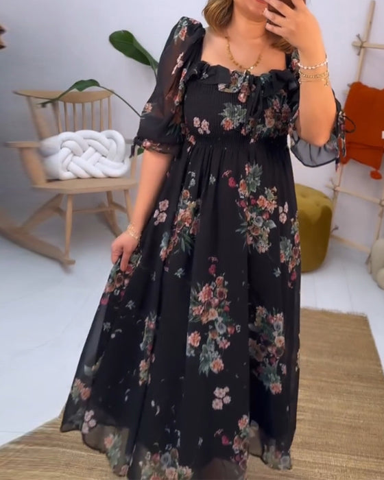 Robe élégante à col carré et imprimé floral