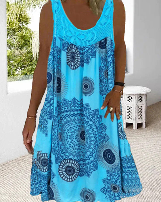 Robe d'été imprimée sans manches à col rond pour femmes