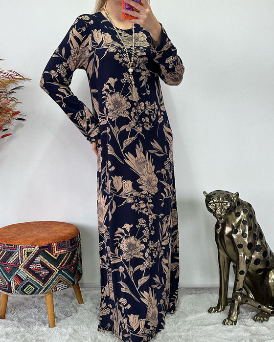 Robe à col rond et motif floral