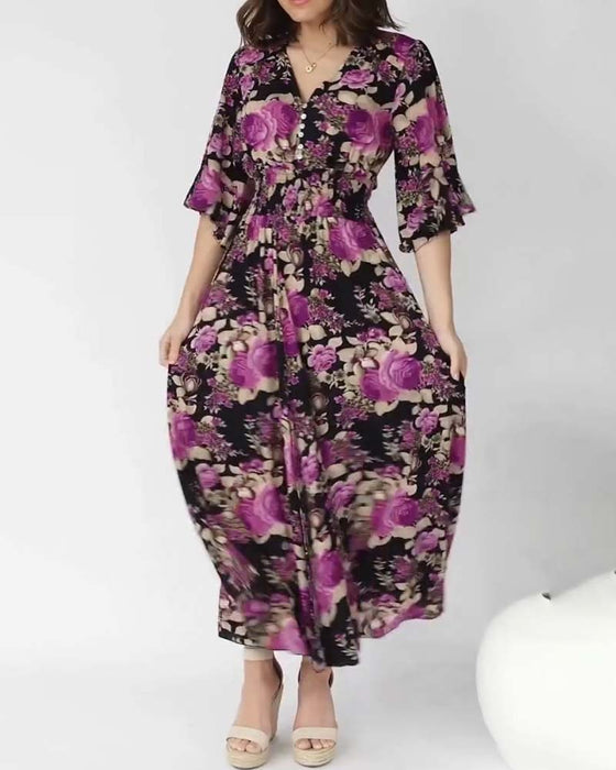 Robe longue à col en V à imprimé floral