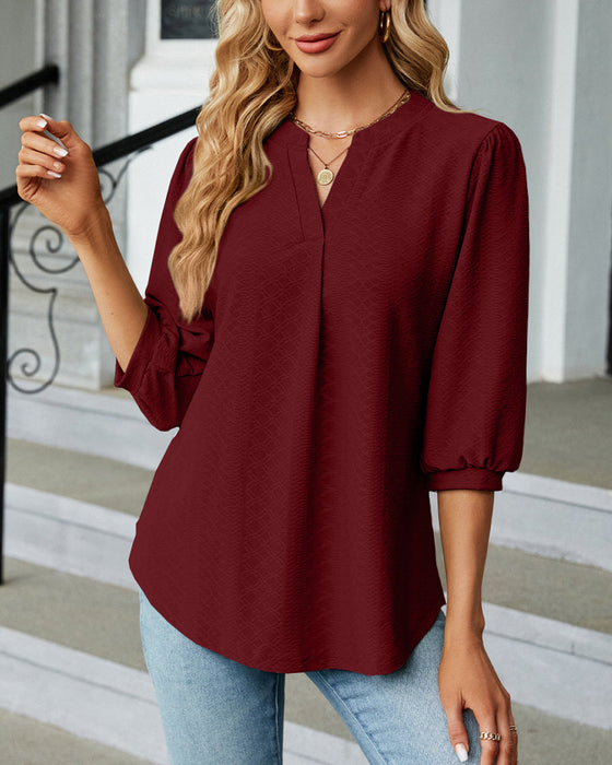 Blouse jacquard col V couleur unie