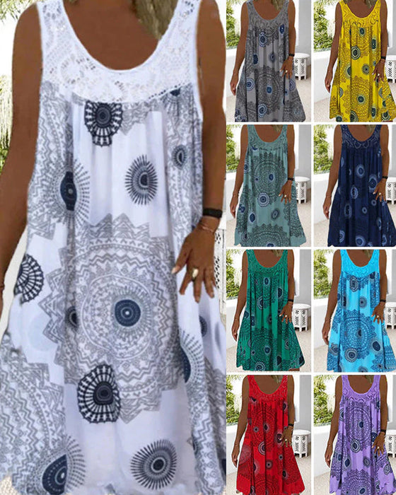 Robe d'été imprimée sans manches à col rond pour femmes