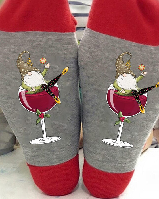 🧦Chaussettes de Noël unisexes avec des lutins et des verres à vin🧦