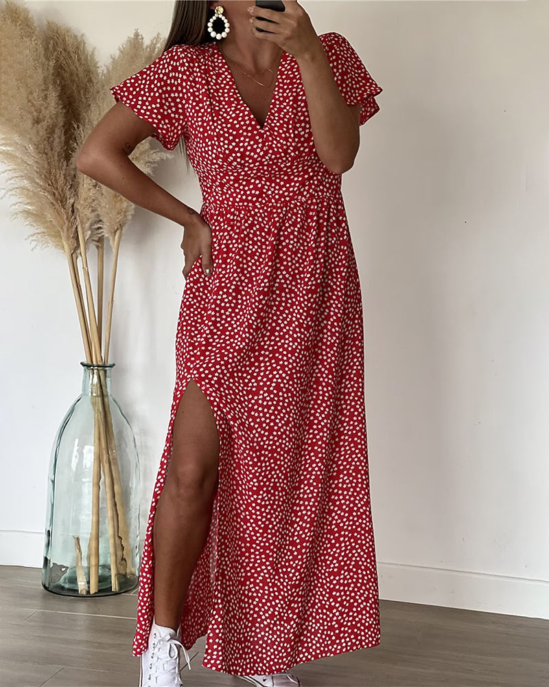 Robe longue imprimée à encolure en V – cettesaison