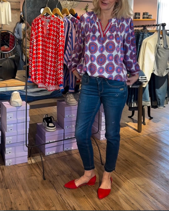 Blouse élégante col V à imprimé géométrique