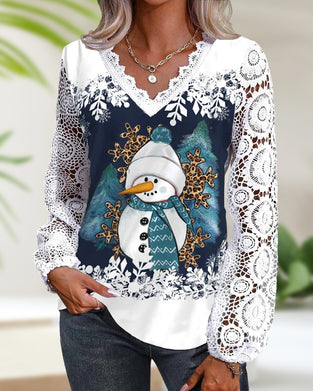 Blouse avec dentelle et motif bonhomme de neige