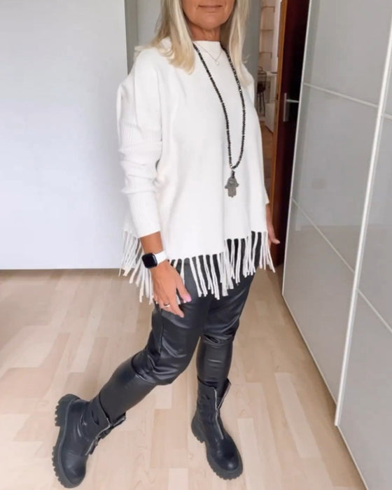 Pull décontracté à franges de couleur unie