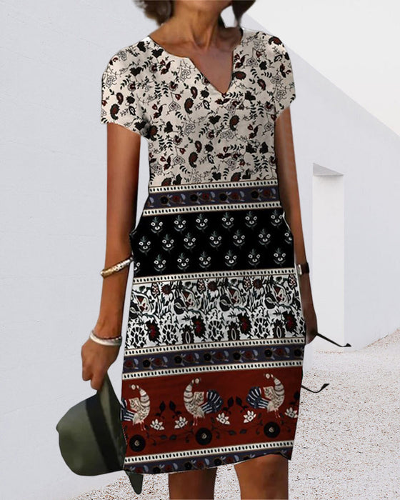 Robe col V avec imprimé bloc de couleur