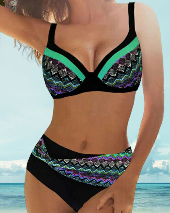 Bikini push up taille haute à imprimé rayé