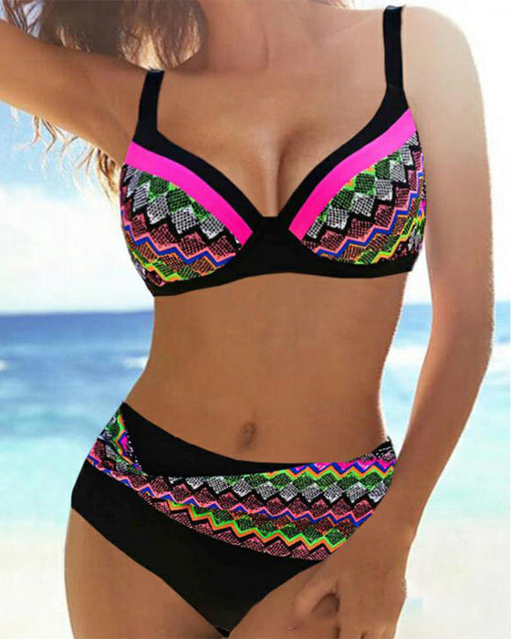 Bikini push up taille haute à imprimé rayé