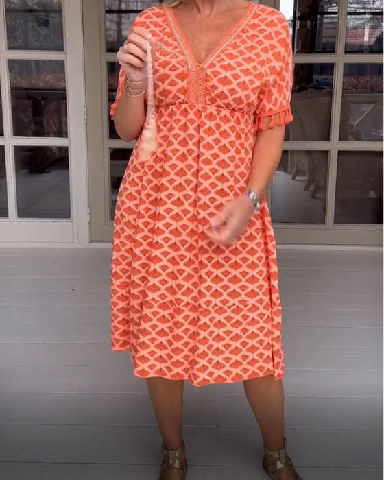 Robe col V imprimée à franges