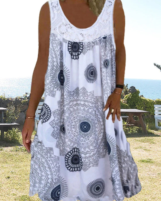 Robe d'été imprimée sans manches à col rond pour femmes