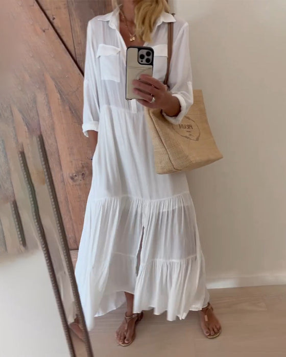 Robe décontractée patchwork de couleur unie à revers