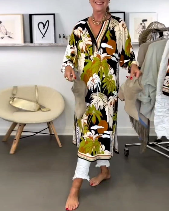 Robe à col en V imprimée noix de coco