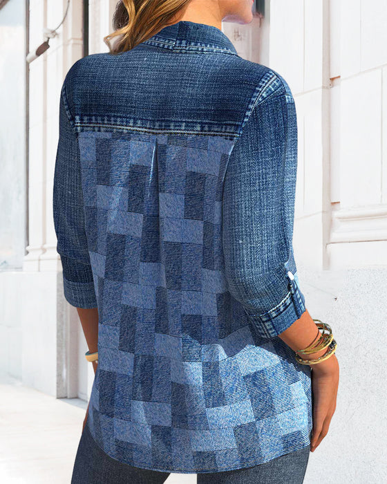 Blouse à manches longues imprimée effet denim