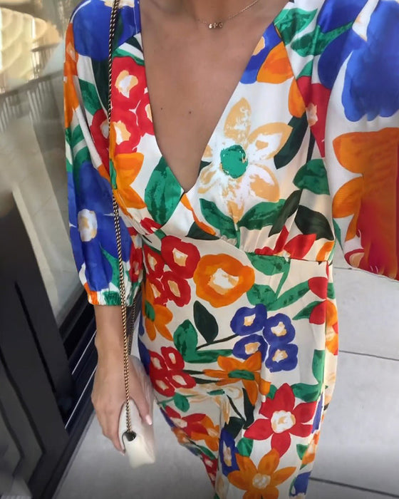 Robe col V à imprimé fleuri