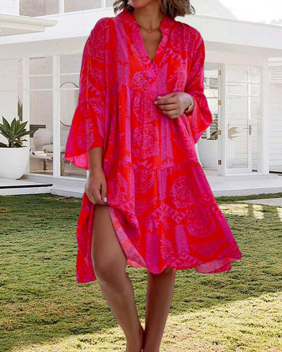 Robe à manches 3/4 à imprimé géométrique Boho