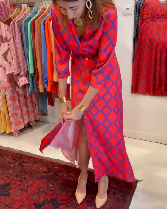 Robe chemise col V manches 3/4