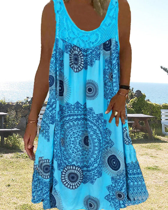 Robe d'été imprimée sans manches à col rond pour femmes