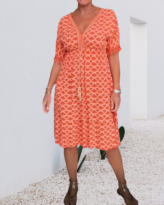 Robe col V imprimée à franges