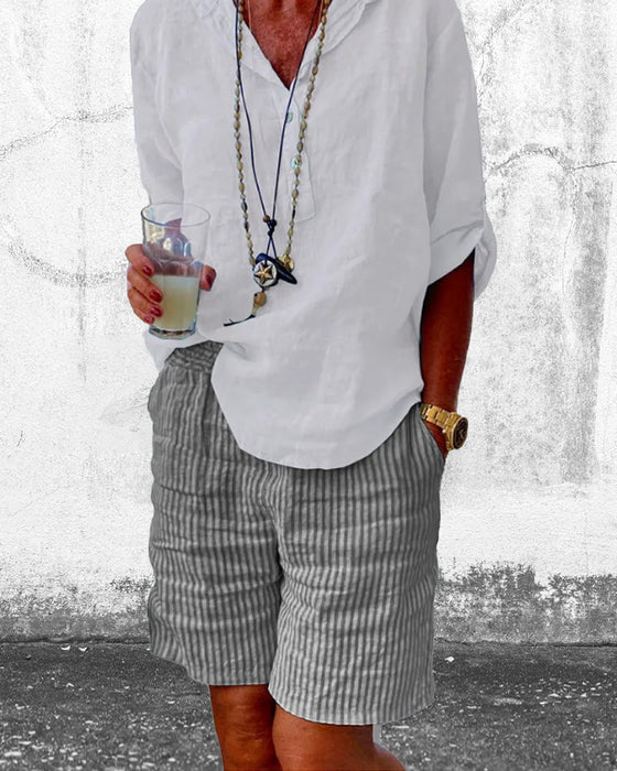 Short à rayures en coton et lin