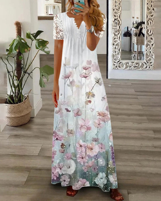 Robe longue à imprimé floral avec manches courtes en dentelle