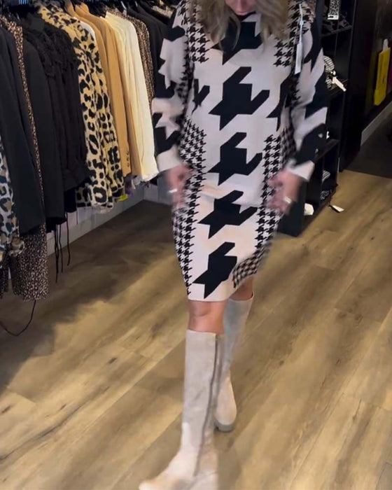 Robe à manches longues pied-de-poule