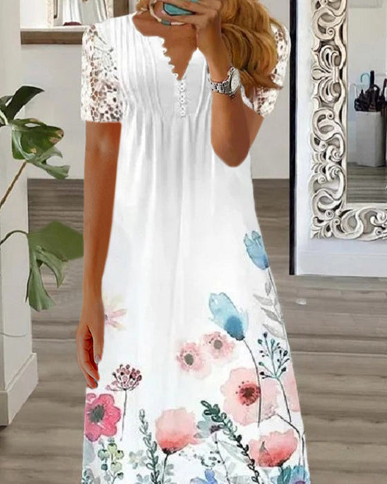 Robe longue à imprimé floral avec manches courtes en dentelle