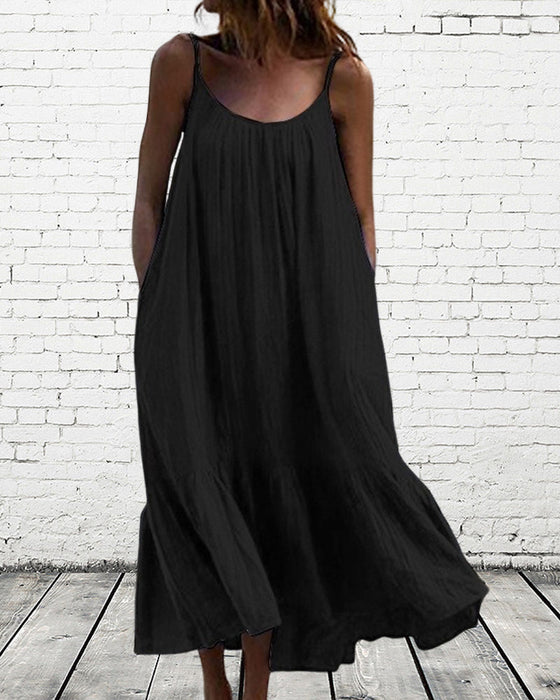 Robe mi-longue sans manches de couleur unie