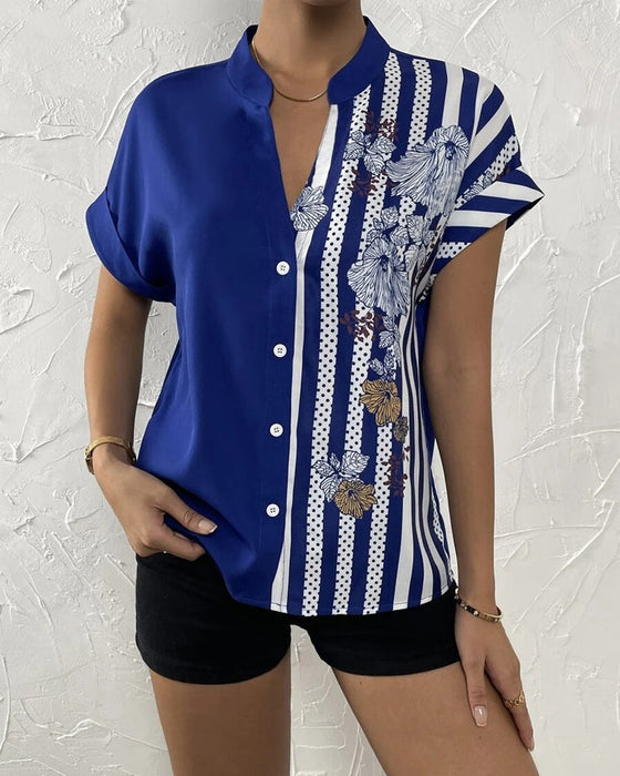 Chemisier à imprimé floral à empiècements avec bouton et manches courtes