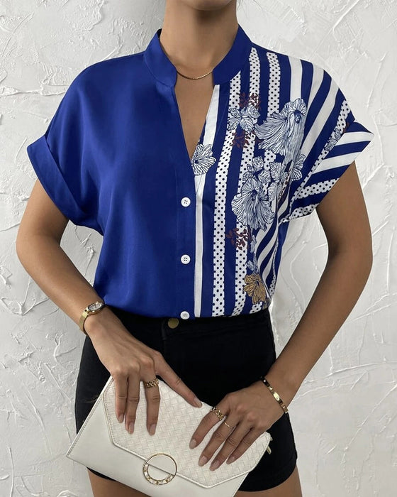 Chemisier à imprimé floral à empiècements avec bouton et manches courtes