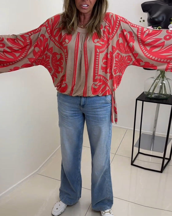 Haut décontracté imprimé à manches longues et col rond