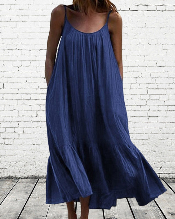 Robe mi-longue sans manches de couleur unie