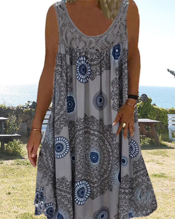 Robe d'été imprimée sans manches à col rond pour femmes
