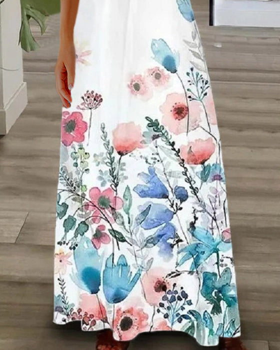 Robe longue à imprimé floral avec manches courtes en dentelle