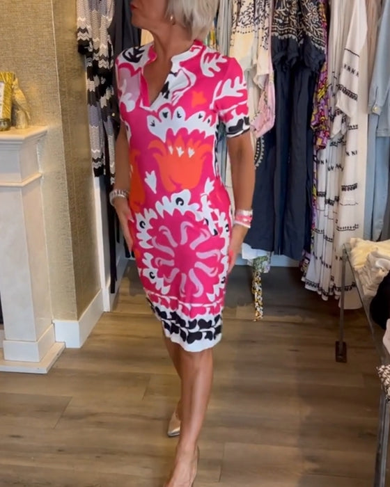 Robe imprimée col V à manches courtes