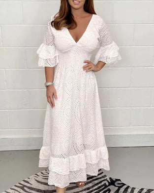 Robe taille haute ample à col en V de couleur unie